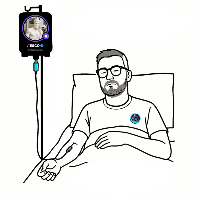A cartoon illustration of a bearded man with glasses lying in a hospital bed, hooked up to an IV bag displaying the @ESCOweb3 NFT profile.