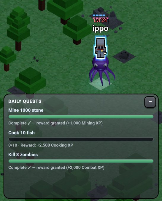 A level 24 character named "ippo" rides a purple octopus mount in a voxel-style game world, with a Daily Quests panel showing completed "Mine 1000 stone" and "Kill 8 zombies" tasks, plus an unfinished "Cook 10 fish" objective (0/10) rewarding 2,500 Cooking XP. The image visually reinforces the post about actively playing PlayKintara while holding $KINS, completing daily quests despite being down 55%.