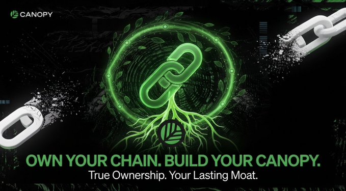 A graphic for 'CANOPY' featuring a glowing green link symbol with roots, set against a dark background with broken chains, and text reading 'OWN YOUR CHAIN. BUILD YOUR CANOPY. True Ownership. Your Lasting Moat.'