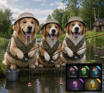Three golden retriever puppies wearing fishing hats and vests fish at the edge of a pond with a 'YOUR COLLECTION' showcase of digital items in the corner.