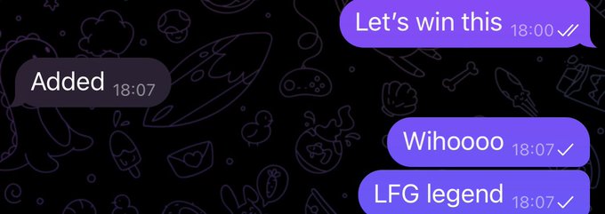 Screenshot of a chat conversation with purple message bubbles reading 'Let's win this,' 'Wihoooo,' and 'LFG legend,' along with an 'Added' notification, set against a dark background with line-art icons.