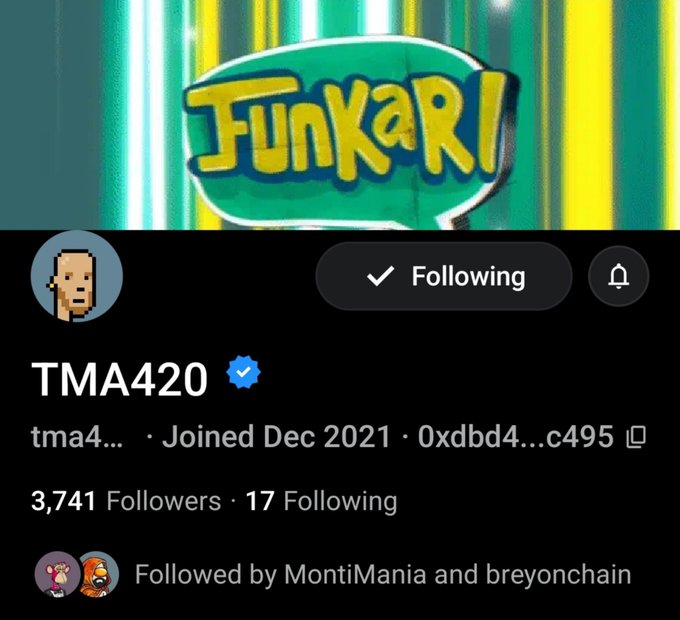 A Twitter profile page for 'TMA420' with a 'Funkari' banner, showing 3,741 Followers and 17 Following, joined Dec 2021.