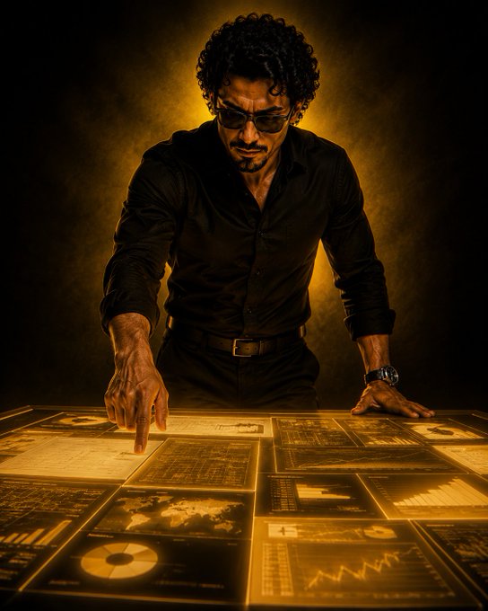 A confident man in a black shirt and sunglasses points at a glowing table displaying charts, graphs, and data visualizations, symbolizing strategic analysis and insight. The image ties into the post's theme of analyzing the AMA recap, with the illuminated data representing the key updates and launch momentum behind the 1win Token.