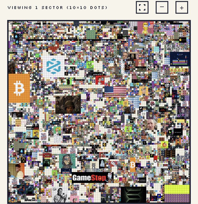 A dense, pixelated mosaic known as r/place displays thousands of tiny community-drawn artworks, logos, and memes, with notable visible elements including the Bitcoin "₿" logo, a "GameStop" banner, the American flag, and various characters and text such as "PAIN" and "Happy 4th." The image relates to the post by showcasing the ever-evolving collaborative canvas where Redditors creatively pass time during the "bear market" by leaving their digital mark in the chaotic, constantly redrawn grid.
