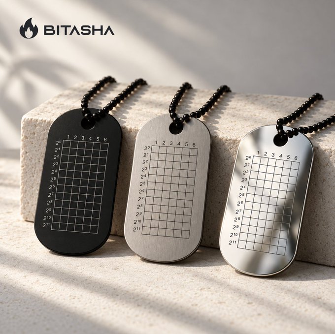 Three dog-tag style necklaces (black, gray, and silver) with ball chains display number grids and powers of 2, branded with the 'BITASHA' logo on a stone surface.