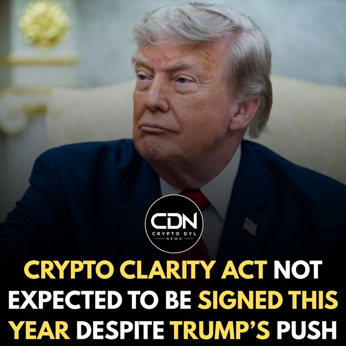 This image depicts Donald Trump with text overlay stating, "CRYPTO CLARITY ACT NOT EXPECTED TO BE SIGNED THIS YEAR DESPITE TRUMP'S PUSH," referencing the accompanying post about his lobbying efforts.