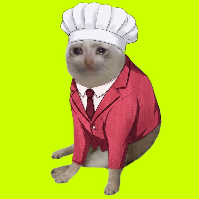 A cat wearing a chef's hat, a pink suit jacket, white shirt, and red tie sits against a bright green background.