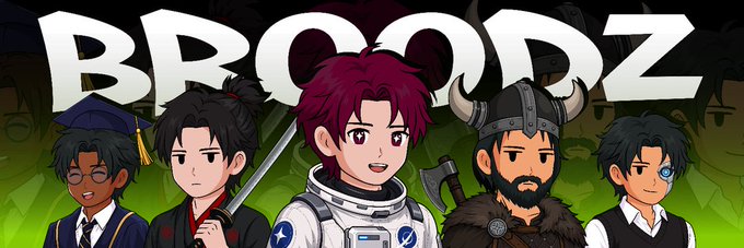 A banner features the "BROODZ" logo above five anime/manga-style character portraits, including a samurai, an astronaut, and a viking.