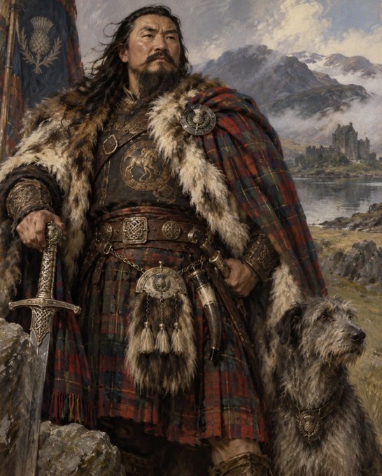 A detailed digital painting of a Highland warrior with long hair and a beard, wearing a fur-lined tartan cloak and holding a sword, standing beside a large shaggy dog in a misty mountainous landscape.