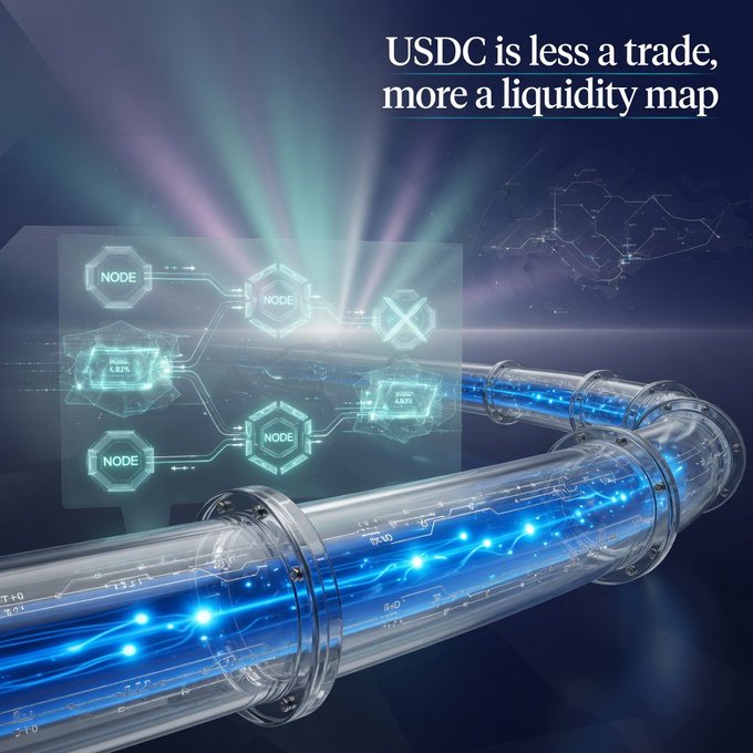 A digital artwork with the headline "USDC is less a trade, more a liquidity map," depicting glowing nodes, network lines, and transparent pipes carrying blue light against a dark cosmic background.