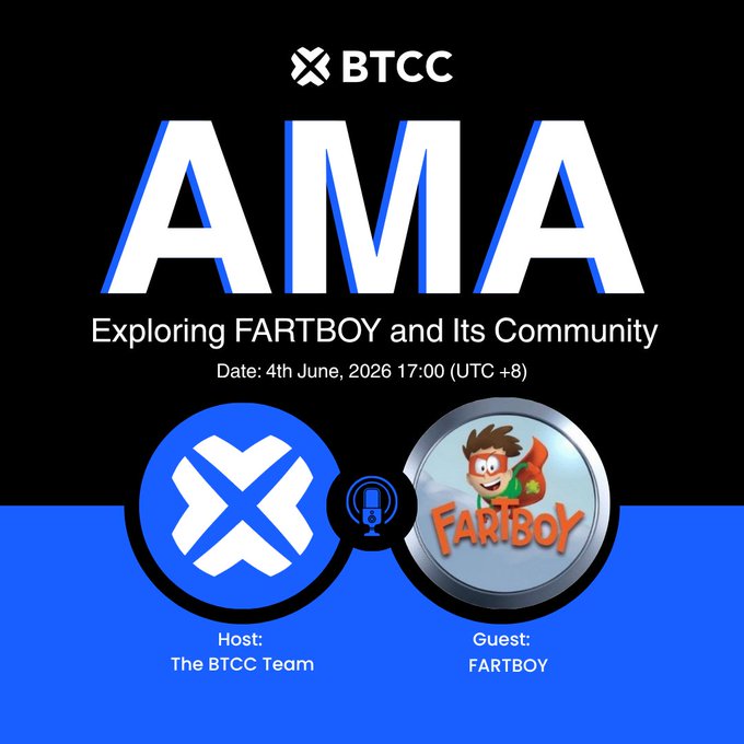The image features a poster for an event called "AMA with @FARTBOY and its Community" that took place on June 17, 2026 at 17:00 UTC (8:00 PM). The poster includes two images of a cartoon character named "@FARTBOY" and a logo. The text on the poster highlights the host of the event as "The BTCC Team" and mentions that there are three guests who have won a trading fund voucher for participating in the AMA.