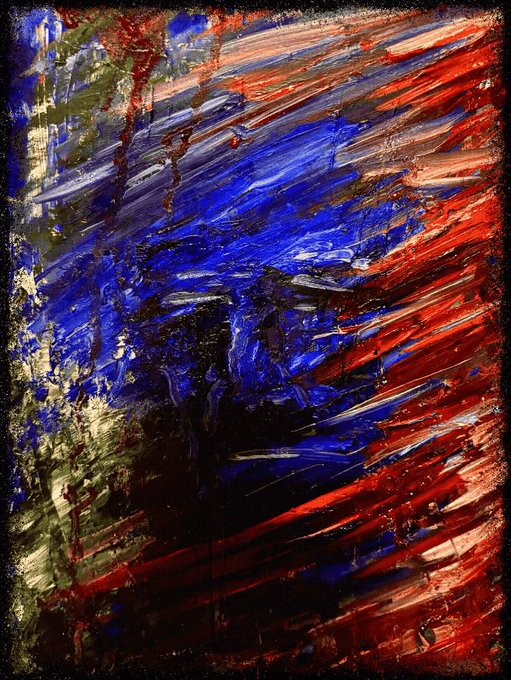 An abstract painting featuring chaotic, expressive brushstrokes in red, white, and blue.