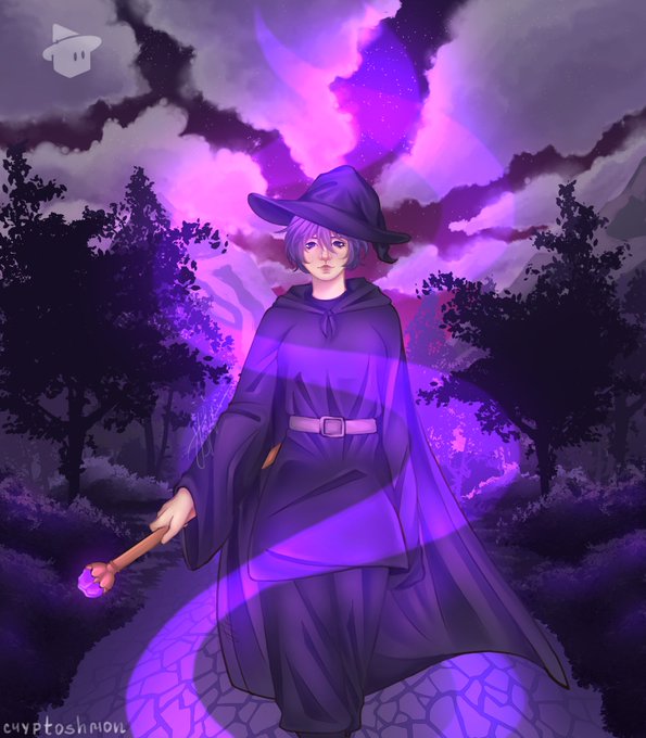 The image features a woman dressed as a witch, walking down a path while holding a staff with a gemstone at her side. The background includes trees and a purple sky, creating an enchanting atmosphere. The accompanying text in the post suggests that true builders are weaving spells using their staffs of utility, which is related to the concept of magic. This implies that the image might be promoting or discussing the idea of magic and its connection to innovation and technology.