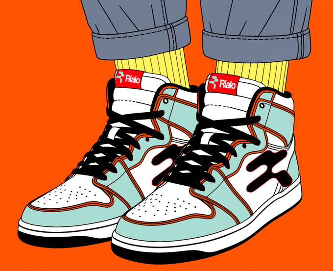 A pop-art style illustration of a pair of legs wearing rolled-up jeans, yellow socks, and white, teal, and orange high-top Rialto sneakers against a bright orange background.