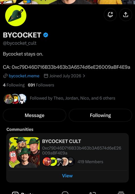 The image shows the verified X (Twitter) profile for "BYCOCKET" (@bycocket_cult), displaying 691 followers, 4 following, a community called "BYCOCKET CULT" with 419 members, and a contract address (CA) of 0xc79D46D716B33b463b3A6574d6eE26009aBF4E9a, with a join date of July 2026. The accompanying post warns that $BYCOCKET is a coordinated bundle that stole its branding from an older Bycocket cult coin, alleging insider KOL @Quanterty entered with 40K and is selling while promoting the bundled project.