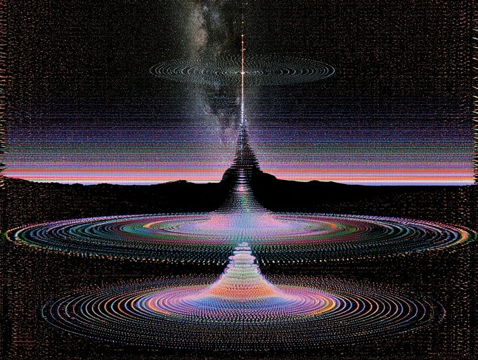 A surreal digital artwork depicting a symmetrical cosmic landscape with concentric rings of colorful dots, a starry sky with the Milky Way, and a central beam of light reflecting across a dark horizon.