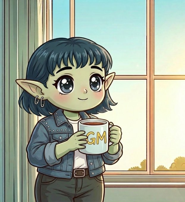 A cute, green-skinned cartoon character with pointed ears, short dark hair, and a denim jacket holds a white mug labeled "GM" in front of a sunlit window, perfectly matching the "Gm to my actives 🤝" post by using the mug's text as a friendly morning greeting.