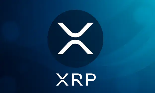 A dark blue gradient background features the XRP cryptocurrency logo, consisting of a stylized white "X" inside a dark circle, with the text "XRP" displayed prominently below in clean white lettering. The image serves as a visual representation for the post discussing Elon Musk's comment on XRP, which sparked widespread discussion on Crypto Twitter.