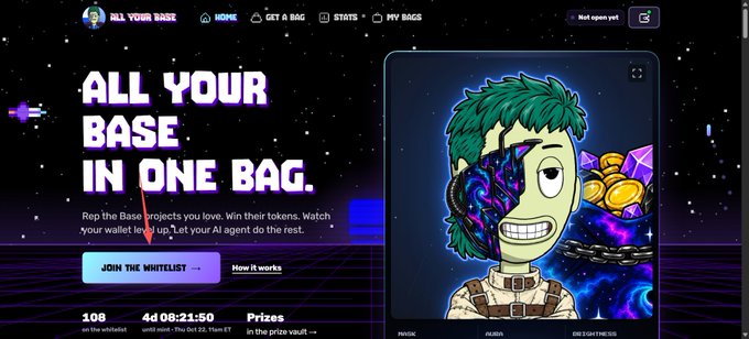 A webpage screenshot for 'ALL YOUR BASE IN ONE BAG' featuring a cartoon NFT character with green hair, describing a project involving repping meme tokens, with a 'JOIN THE WHITELIST' button.