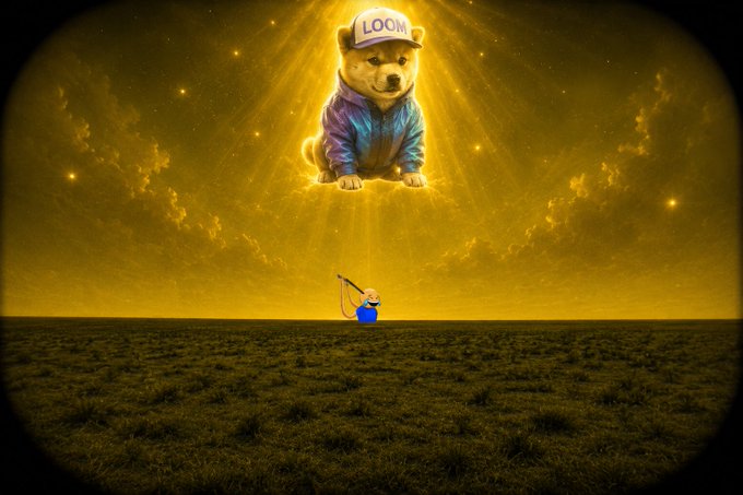 A small figure fishes in a barren field beneath a divine, golden apparition of a Shiba Inu wearing a "LOOM" cap and an iridescent hoodie, illuminated by heavenly rays—visually playing on the "$LOOM" ticker reference and the "cashcat" caption as the dog beams down like a crypto savior ready to deliver riches.