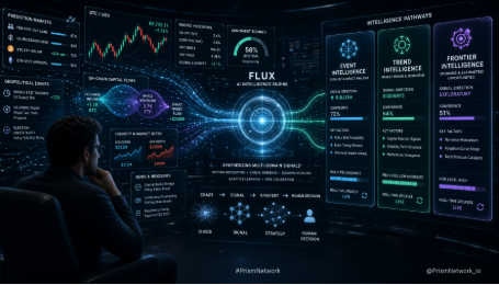 A man views a glowing digital dashboard labeled "FLUX" displaying charts, graphs, and intelligence panels for "FRONTIER INTELLIGENCE," including metrics like "TECHNICALS," "ANALYTICS," and "ON-CHAIN," reflecting the overwhelming flood of crypto, macro, and geopolitical data the post describes.