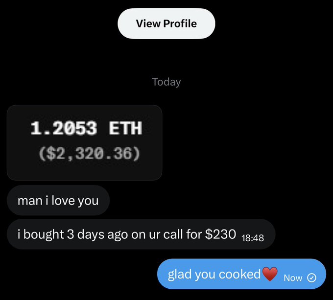 A screenshot of a text conversation where a user celebrates their Ethereum gains, showing they bought 1.2053 ETH ($2,320.36) three days ago on a trader's recommendation, thanking them with "glad you cooked." The image illustrates the post's message about the unique community aspect of crypto—sharing alpha and making money together, as the person profited from following a call made by another trader.
