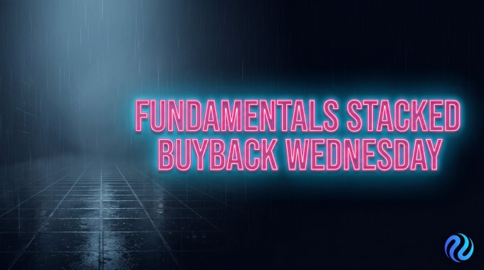 The image shows a dark room with a neon pink "Fundamentals Stacked Buyback Wednesdays" sign, which is located at the bottom of the screen. The text above the neon sign reads "While everyone was sleeping on @injective , the protocol was stacking fundamentals." This suggests that there might be an ongoing discussion or event related to fundamental principles in a particular context.