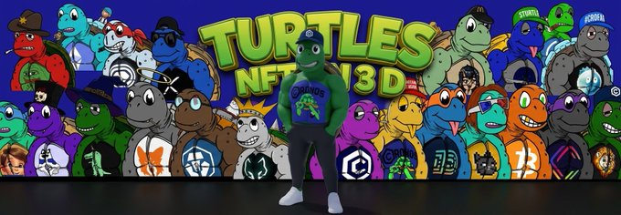 A promotional image for "Turtles NFT in 3D" showing a person wearing a green turtle avatar surrounded by a colorful crowd of various NFT turtle characters.