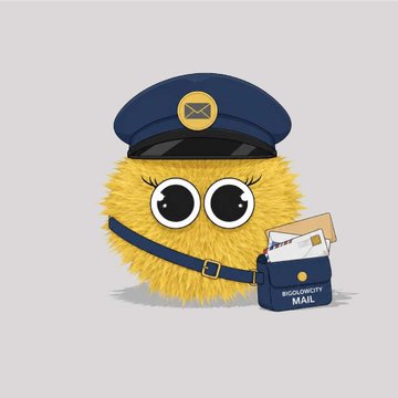 Cute cartoon illustration of a yellow fluffy spherical character dressed as a postal worker with a blue cap and satchel, holding a letter labeled 'BLOCKCITY MAIL'.