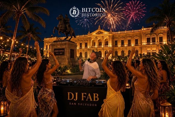 A nighttime promotional image showing a DJ at a 'BITCOIN HISTORICO' event in San Salvador, with a crowd dancing in front of a lit historic building and a 'DJ FAB' sign.