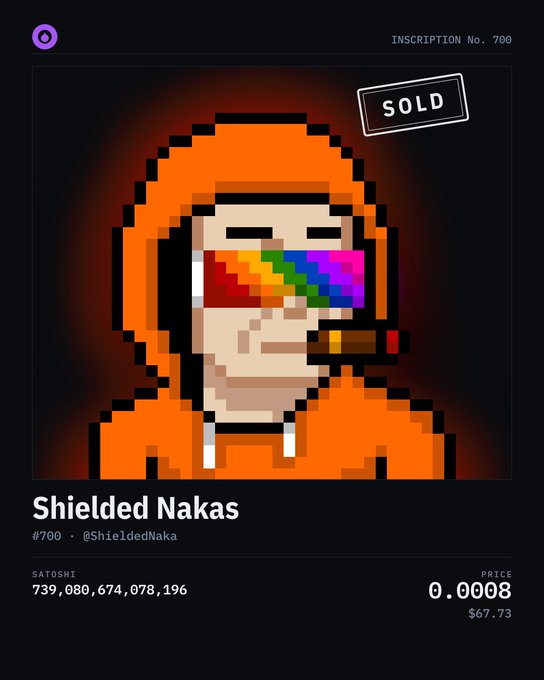 A pixel art NFT listing marked 'SOLD' titled 'Shielded Nakas' by @ShieldedNaka, inscription No. 700, featuring a figure in an orange hoodie with a rainbow visor and pipe, priced at 0.0008 SATOSHI ($67.73).