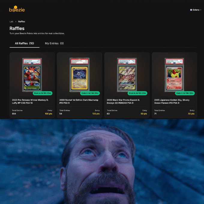 A screenshot of the Beezie platform showing raffles for collectibles like Pokémon cards, paired with a meme of a man looking up in awe.