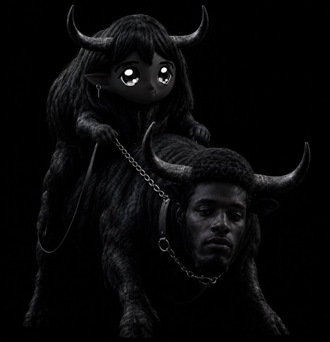 A dark, surreal digital artwork featuring a horned anime-style character with large glossy eyes riding atop a horned bison-like creature with a man's face fused into it, connected by chains. The ominous imagery of a rider and steed being prepared for departure visually reinforces the post's countdown to "take off."