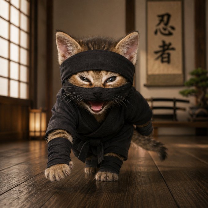 An AI-generated image of a tabby kitten dressed in a black ninja outfit, posed in a martial arts stance inside a traditional Japanese dojo.