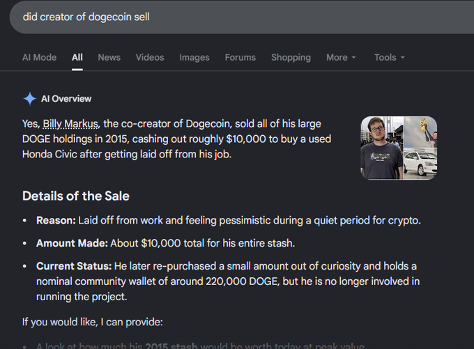 A Google AI Overview search result confirming that Billy Markus, co-creator of Dogecoin, sold his DOGE holdings in 2015 for roughly $10,000 to buy a used Honda Civic after being laid off, despite the coin's later surge in value.
