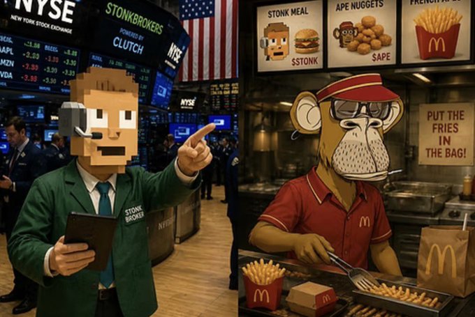 A collage features a pixelated character in a green suit at the NYSE with a "STONKBROKERS" sign on the left, and an ape character in a McDonald's uniform making fries on the right.