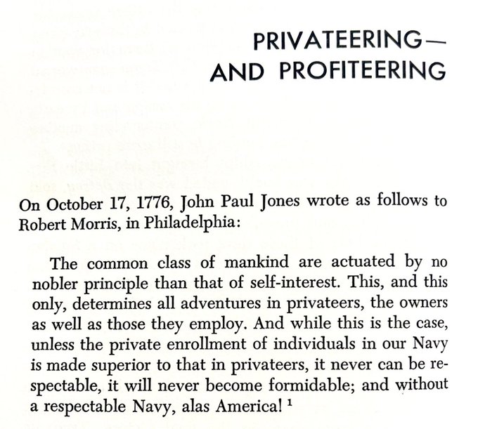 A historical text excerpt titled "PRIVATEERING – AND PROFITEERING" showing a letter dated October 17, 1776, from John Paul Jones to Robert Morris discussing self-interest in privateers.