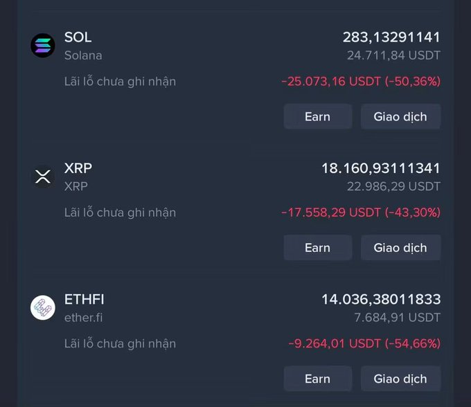 A cryptocurrency portfolio dashboard showing significant losses in red text: SOL (-50.36%), XRP (-43.30%), and ETHFI (-54.66%), with 'Earn' and 'Giao dịch' buttons.