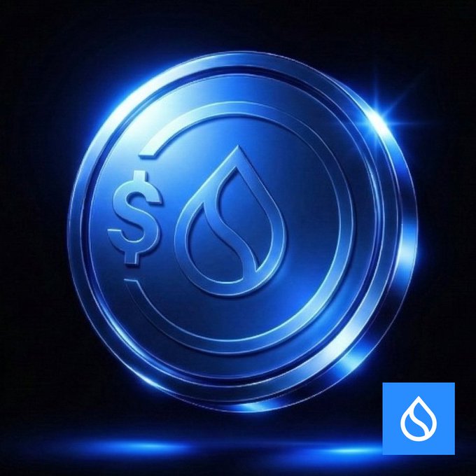A glowing blue cryptocurrency coin featuring a dollar sign and a water drop logo, with a matching Sui logo watermark in the bottom right corner.