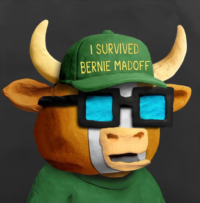 3D cartoon bull character wearing a green cap that reads 'I SURVIVED BERNIE MADOFF' and large square blue sunglasses.