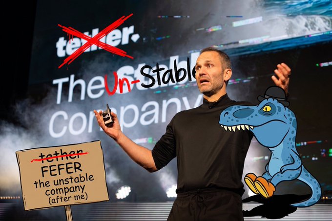 A meme featuring a man on stage with 'tether' crossed out and replaced with 'FEFER', alongside a cartoon blue dinosaur and a sign reading 'FEFER the unstable company (after me)'.