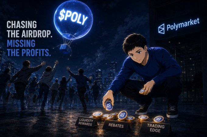 The image shows a group of people gathered around a blue balloon floating above them, which has the words "POLY" written on it. The balloon appears to be related to cryptocurrency or blockchain technology, as there are signs that suggest this might be an advertisement for Polymarket. The text in the image reads "Chasing the Airdrop. Missing the Profits." This phrase is likely a reference to the fact that Polymarket has been chasing after a massive $POLY airdrop, which they have not yet received or are still trying to obtain.