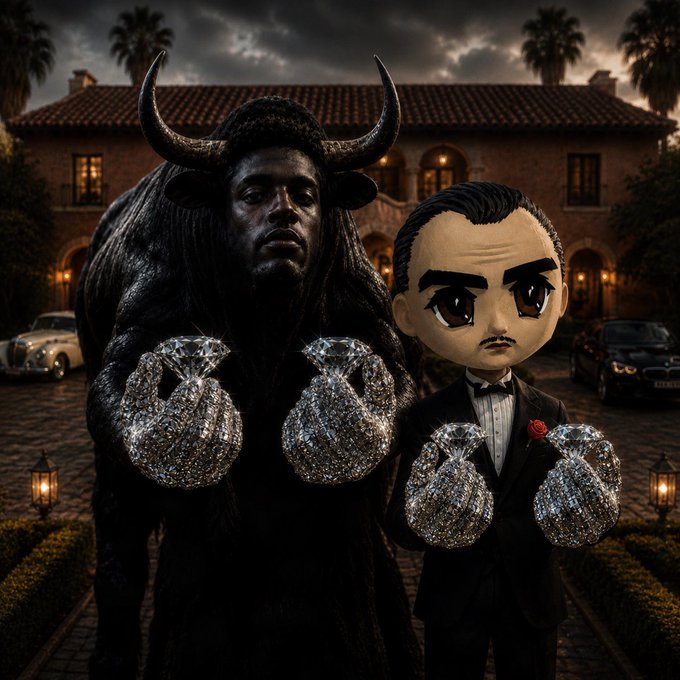 The image shows a bull-headed man in a tuxedo standing alongside a suited Funko Pop figure, both holding diamond-encrusted money bags in front of a mansion, visually symbolizing the relentless promotion and diamond-handed conviction behind the $ANSEM meme coin.