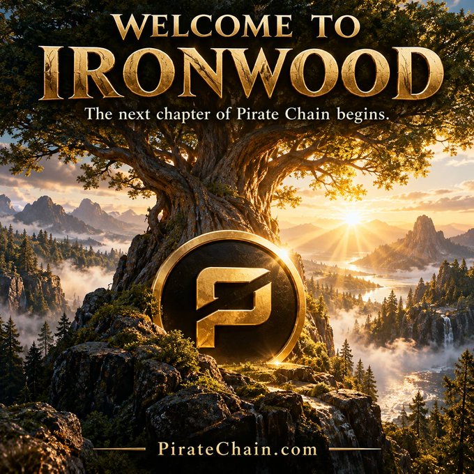 A promotional graphic reading 'WELCOME TO IRONWOOD' and 'The next chapter of Pirate Chain begins.' with a Pirate Chain logo over a fantasy landscape with a large tree.