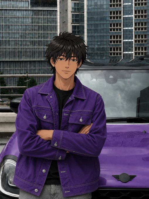 An anime-style illustration of a young man with messy black hair wearing a purple denim jacket, standing with crossed arms in front of a matching purple car.