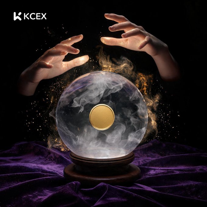 A mystical crystal ball containing a gold coin, framed by two outstretched hands, with the 'KCEX' logo in the corner.