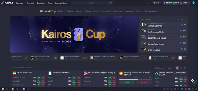 The image features a computer screen with a banner displaying information about a World Cup game. The text on the banner includes details of the game, such as its location (World Cup), the countries participating, and the names of some of their teams or groups leading them. There are also mentions of other online platforms like Polymarket and Turo, which may be related to the gaming aspect of this post. Additionally, there is a comment about the current price for certain games in the market, and it's worth noting that the screen shows various games with different offers at their respective prices. Overall, the image showcases an interesting blend of sports, competitions, and online activities centered around the World Cup event.