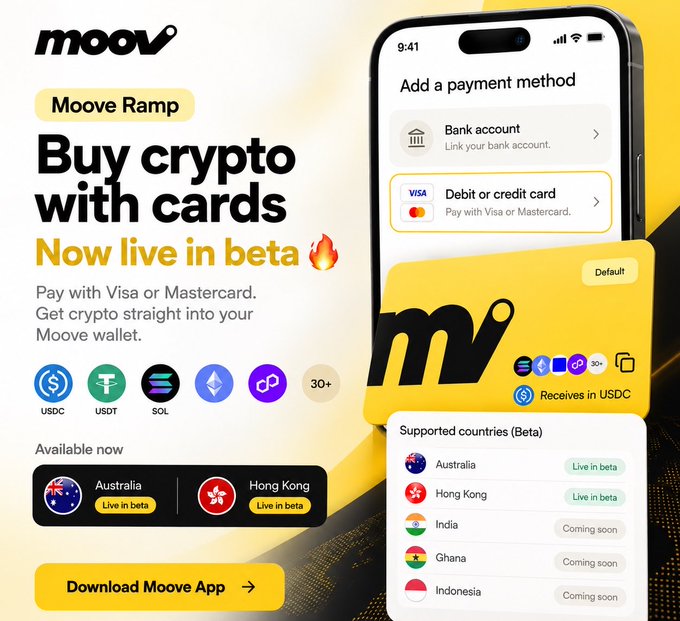 A promotional advertisement for 'Moove Ramp' announcing 'Buy crypto with cards Now live in beta', showing a mobile app interface for adding payment methods via Visa or Mastercard, supporting USDC, USDT, SOL, and other tokens.