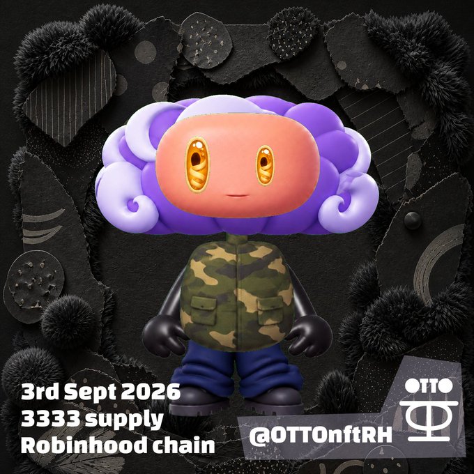 A promotional image for the OTTO NFT mint features a stylized 3D character with a peach-colored face, golden eyes, and curly purple hair, wearing a camouflage vest and blue pants against a textured black background. The text reads "3rd Sept 2026, 3333 supply, Robinhood chain," alongside the OTTO logo and the handle "@OTTOnftRH," matching the announcement of 3,333 unique Ottos minting on September 3rd via OpenSea.