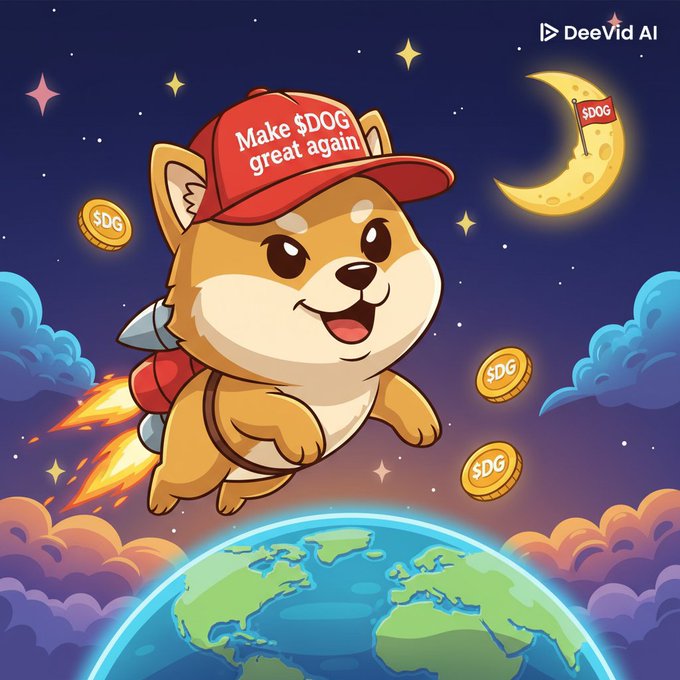 A cartoon illustration of a Shiba Inu dog wearing a red rocket pack and a 'Make $DOG great again' cap, flying through space above Earth with $DOG coins floating around. The image is watermarked 'DeeVid AI'.